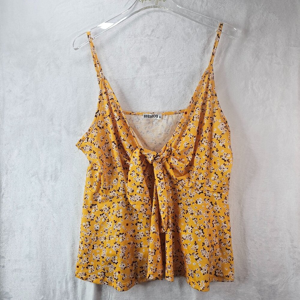 Huhot Women Yellow Floral Crop Top Tie Strappy Sleeveless tank Size XL Babydoll